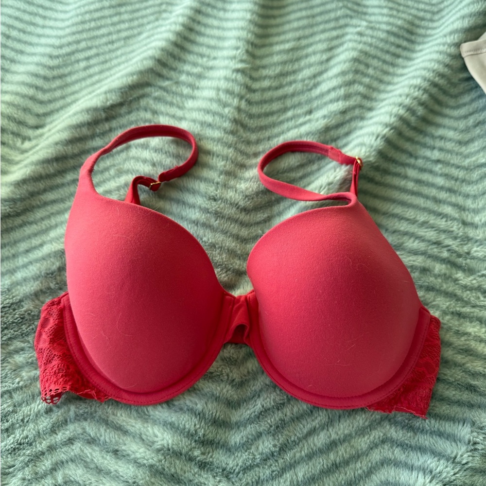 Women's Coral Red Lace Trim Bra